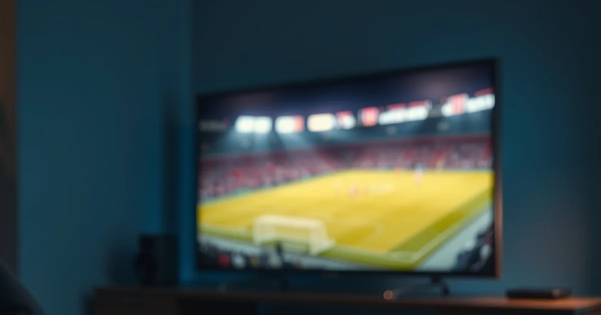 Boîtier Android TV noir posé sous un téléviseur, ambiance salon sombre avec lueur d'un match de football en arrière-plan