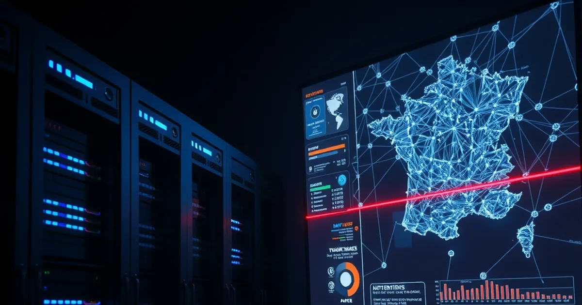 Salle serveurs sombre la nuit avec une carte réseau lumineuse et un signal rouge d'alerte traversant les connexions, illustrant un blocage réseau en temps réel