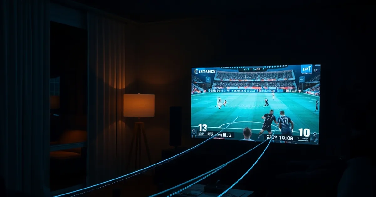 Salon sombre la nuit avec un téléviseur diffusant un match en 4K et des filets de lumière bleue symbolisant le flux de données depuis le routeur