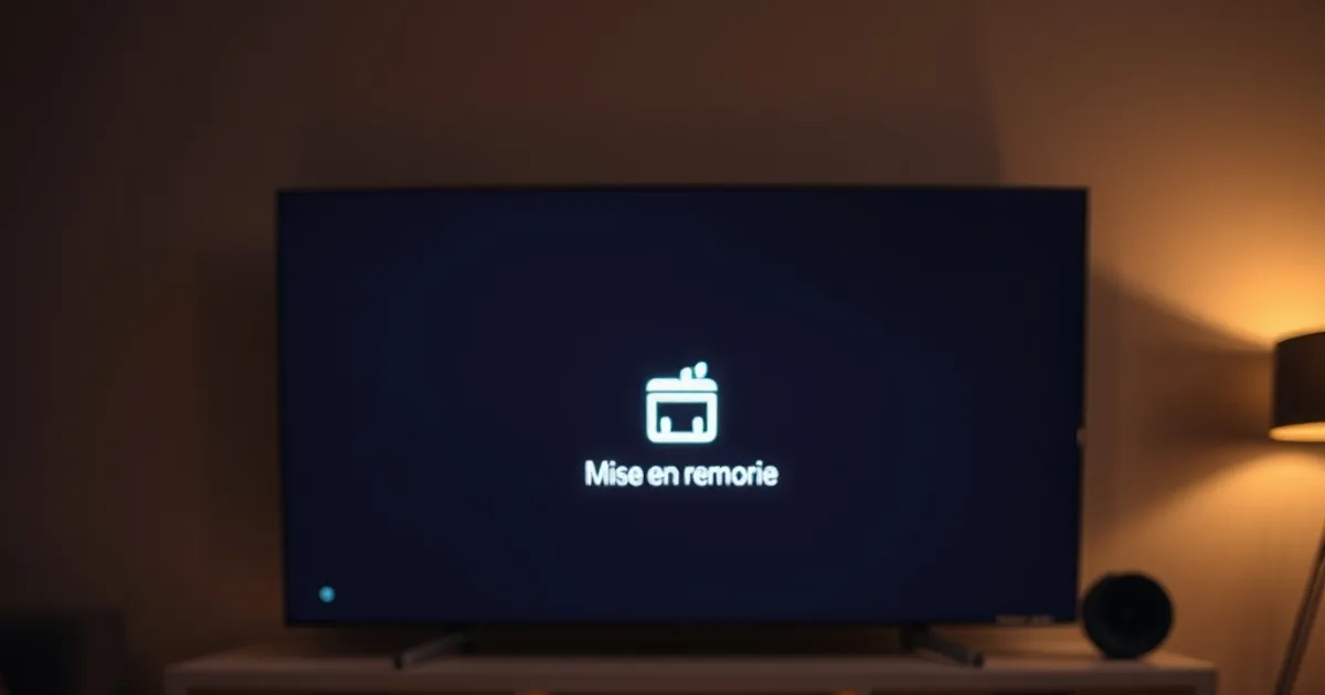 Salon plongé dans la pénombre un dimanche soir, télévision allumée affichant un écran noir figé sur une icône de mise en mémoire tampon, télécommande Chromecast Google TV posée sur la table basse à côté d’un smartphone éclairé, ambiance tendue et frustrée d’un match interrompu en pleine soirée.