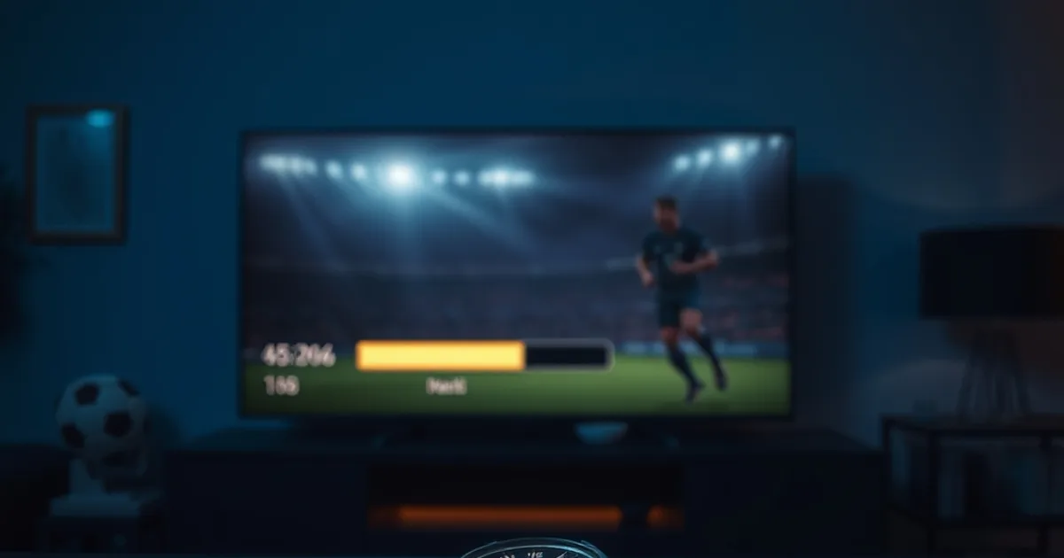 Salon sombre le soir avec un écran de télévision affichant un cercle de mise en mémoire tampon, chronomètre posé sur la table basse à côté de la télécommande, ambiance test de flux IPTV avant un match.