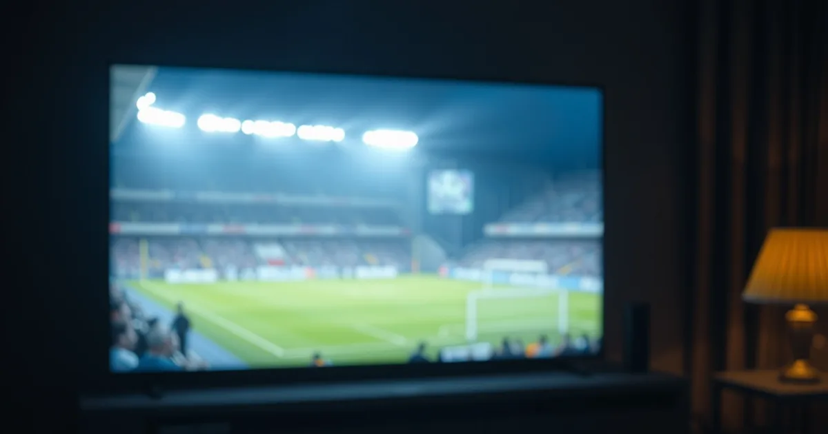 Salon plongé dans la pénombre avec un écran de télévision diffusant le flou lumineux d'une pelouse de stade éclairée, un téléphone posé sur l'accoudoir du canapé affichant une roue de chargement bloquée