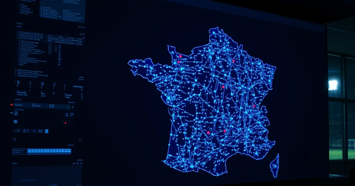 Carte numérique de réseau dans une pièce sombre, avec plusieurs points lumineux qui s'éteignent un à un, lueur d'un stade de football en arrière-plan.