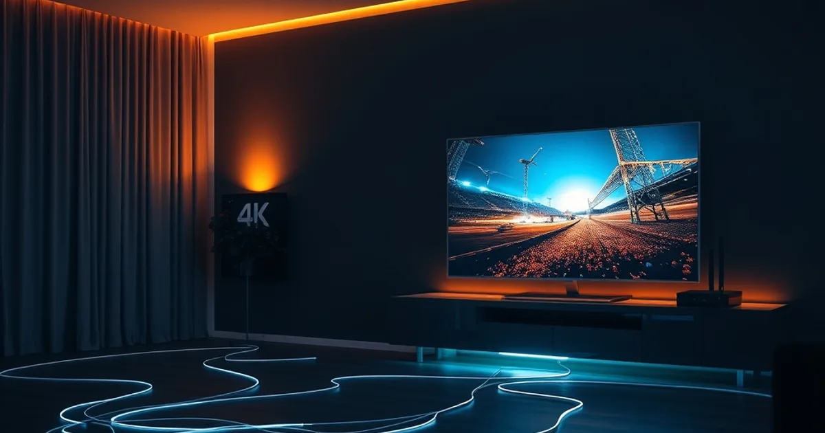 Salon sombre et moderne où des filaments de lumière évoquant la fibre optique convergent vers un téléviseur 4K affichant un flux net et stable