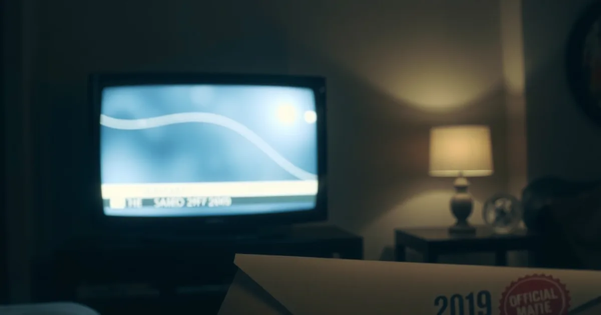 Une télévision allumée dans une pièce sombre, écran figé sur un signal brouillé, avec une enveloppe officielle scellée posée sur un bureau au premier plan.