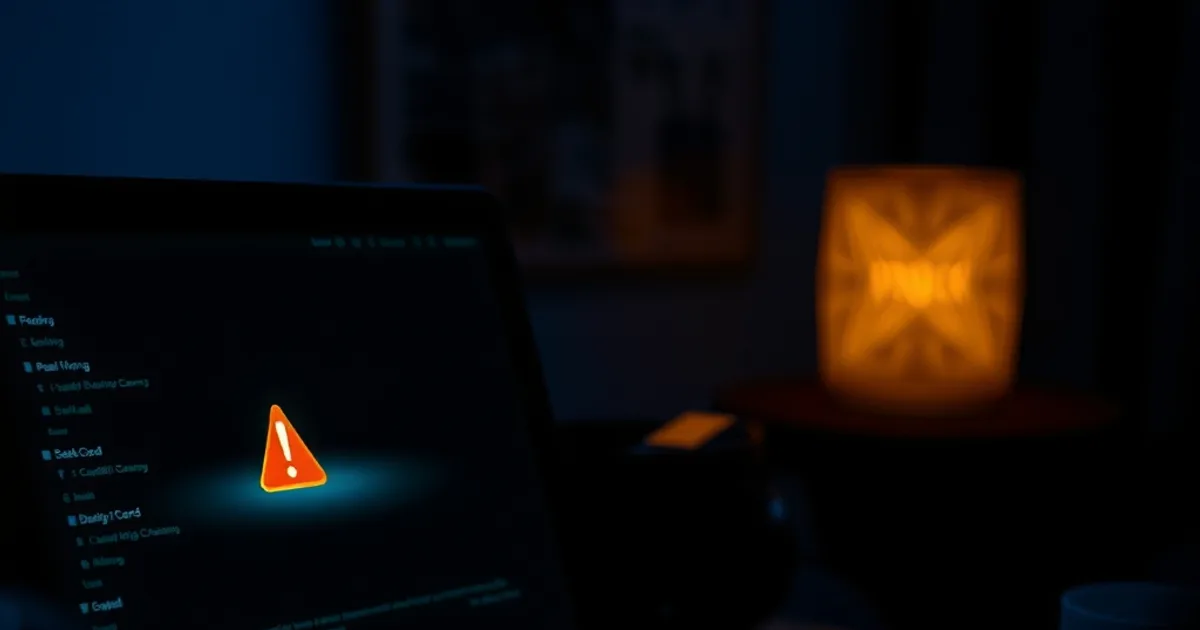 Une personne examine tard le soir sur son ordinateur portable une offre IPTV suspecte, ambiance sombre et tendue avec une icône d'alerte à l'écran