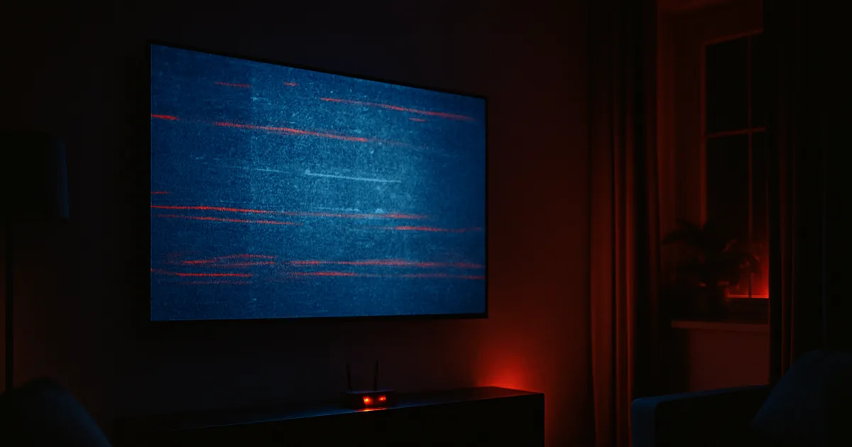 Écran de télévision affichant une erreur de connexion glitchée dans un salon sombre, avec un routeur aux voyants rouges clignotants, symbolisant le blocage IPTV du 22 août 2026