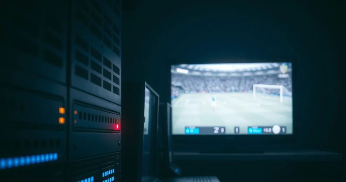 Rangée de routeurs dans une pièce sombre, une diode rouge clignotante au milieu de voyants bleus stables, avec un écran de télévision flouté en arrière-plan affichant un match figé.