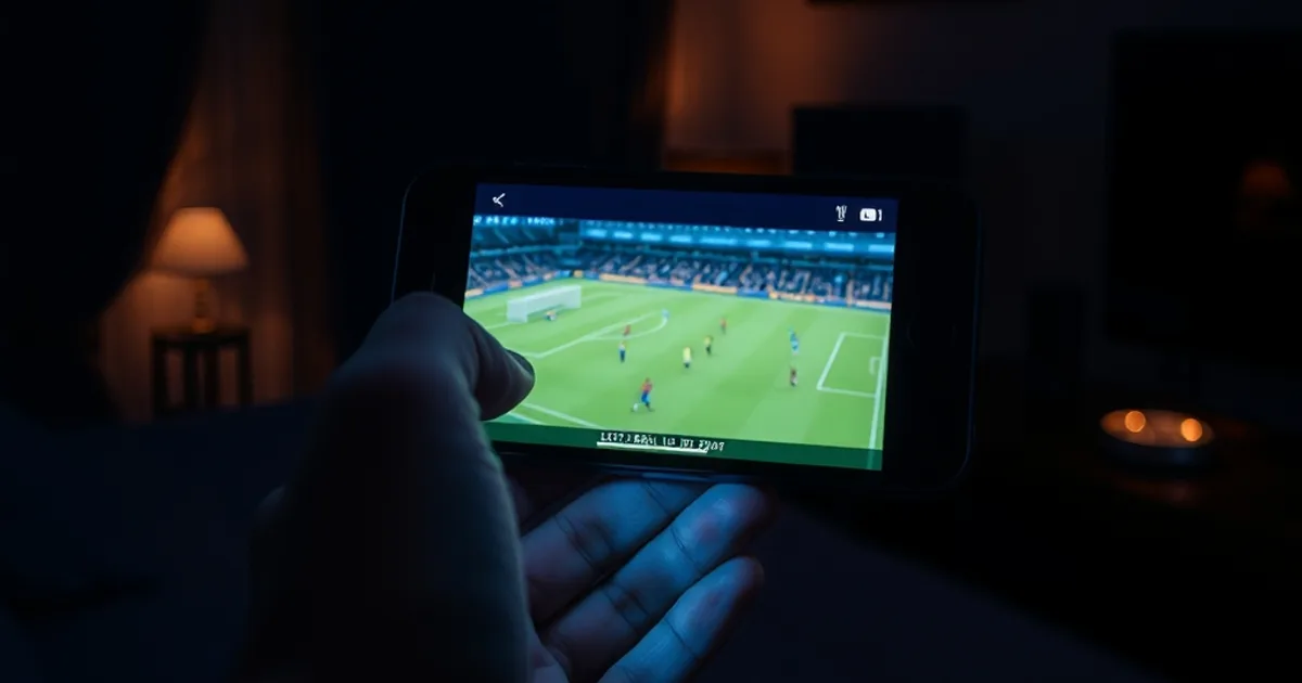 Main tenant un iPhone diffusant un match de football en direct dans une pièce sombre, éclairée par la lueur de l'écran