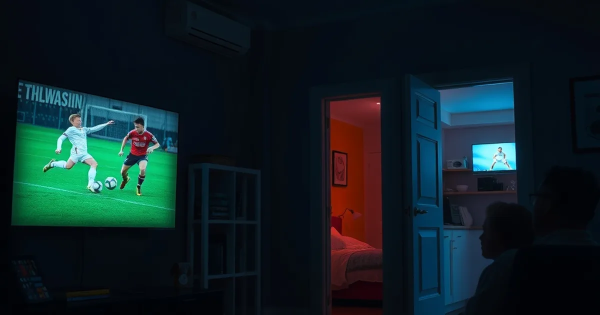 Salon avec une télévision allumée sur un match de football et, en arrière-plan, une chambre avec un second écran allumé, ambiance nocturne premium