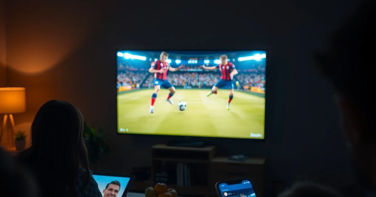 Salon plongé dans la pénombre avec une télévision, une tablette et un smartphone allumés en même temps, chacun diffusant un contenu différent