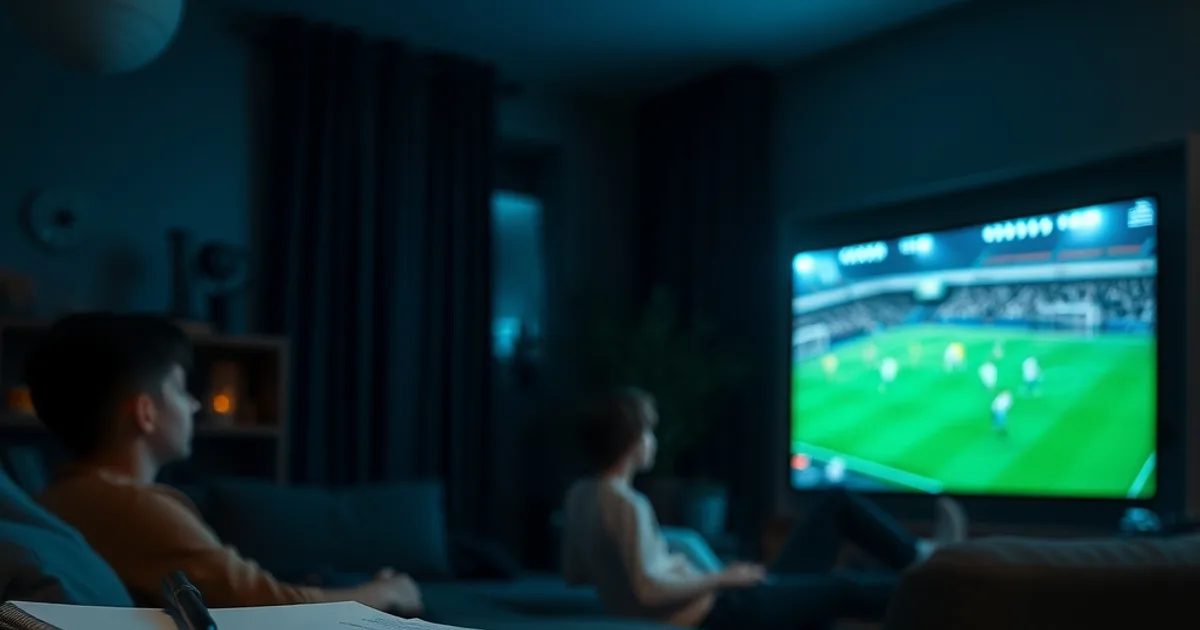 Famille dans un salon sombre regardant un match de Ligue 1 à la télévision, avec des fournitures scolaires et une calculatrice posées sur une table basse en arrière-plan