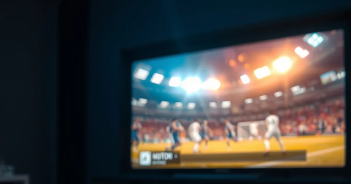 Salon plongé dans la pénombre avec une télévision affichant un match de football et une icône de mise en mémoire tampon, ambiance cinématique bleu et orange