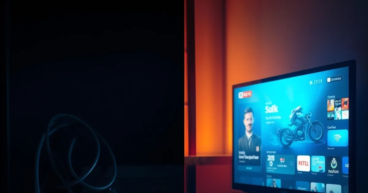 Composition sombre et cinématique opposant un vieux décodeur câble poussiéreux dans la pénombre à une télévision moderne illuminée par un flux de streaming.
