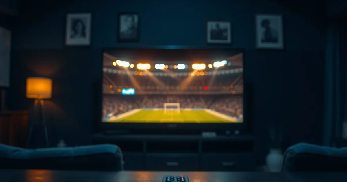 Salon plongé dans la pénombre, téléviseur allumé diffusant les lumières d'un stade de football, ambiance cinématographique avant le coup d'envoi de la Ligue 1.
