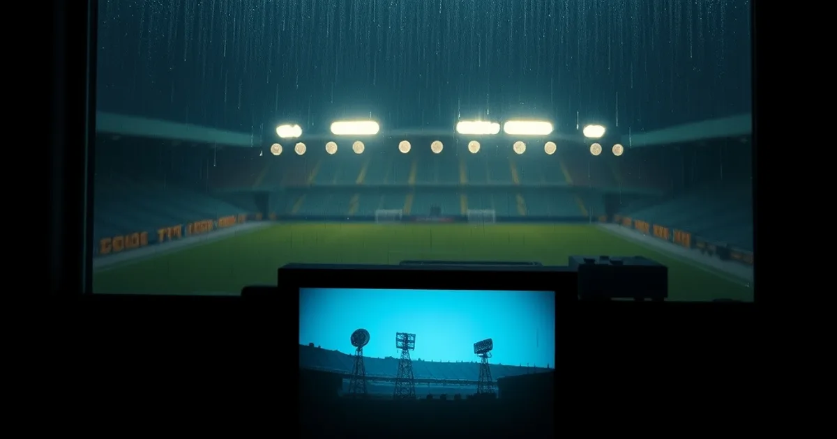 Stade de football éclairé la nuit vu à travers une fenêtre, avec un écran de télévision allumé en arrière-plan dans une pièce sombre