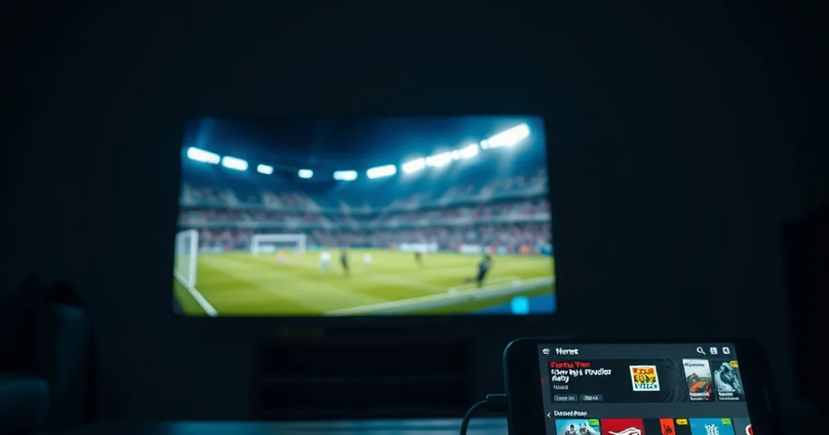 Salon sombre et cinématographique avec un téléviseur allumé diffusant un match de football, une télécommande Firestick posée sur une table en bois au premier plan