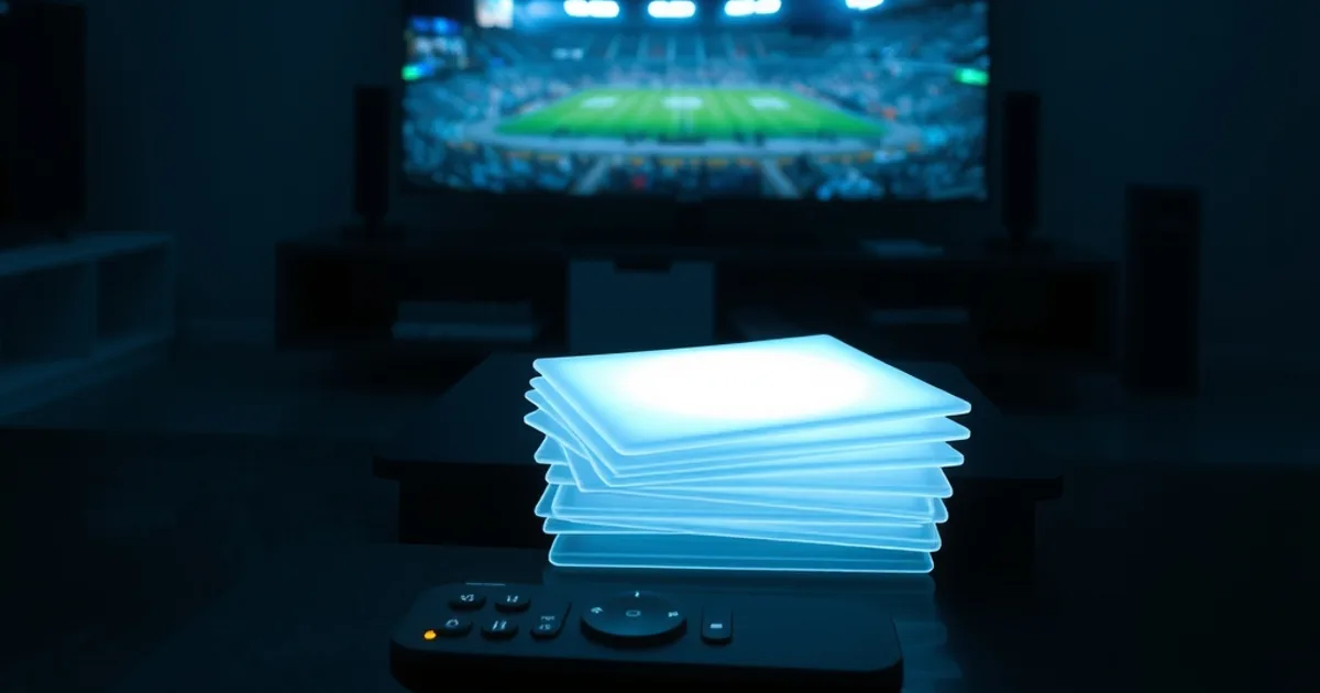 Salon plongé dans la pénombre, éclairé par la lueur bleutée d'un écran de télévision diffusant un stade, avec des tuiles translucides évoquant plusieurs abonnements flottant dans l'air.