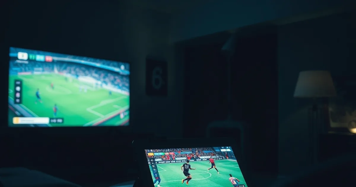 Salon plongé dans la pénombre, une télévision et une tablette diffusant chacune un match de football différent au même moment, ambiance cinématographique bleutée.