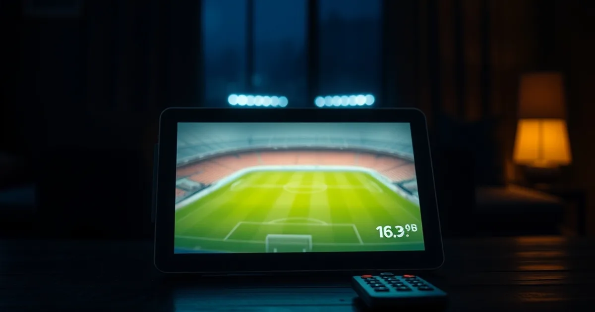 Tablette allumée dans un salon sombre, lueur bleutée d'un stade de football diffusée à l'écran, ambiance nocturne premium