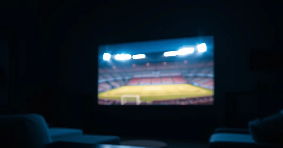 Salon sombre éclairé par l'écran d'un téléviseur diffusant un match de football, ambiance cinématique nocturne