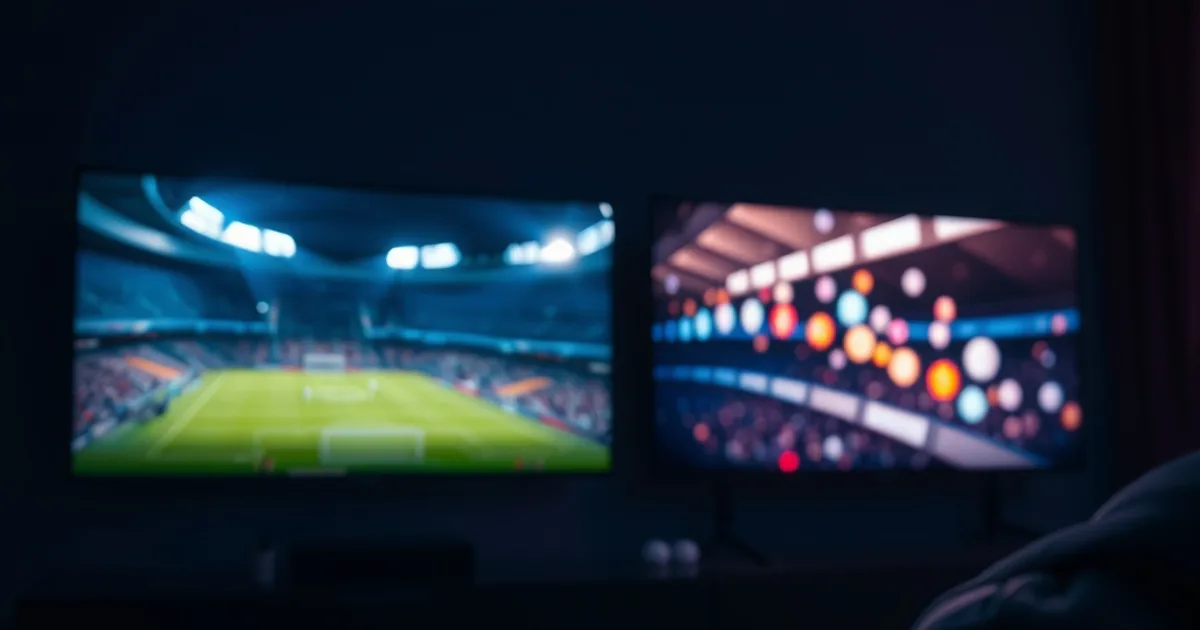 Salon plongé dans la pénombre avec deux écrans allumés côte à côte diffusant un match de football, ambiance comparatif d'abonnement streaming premium.