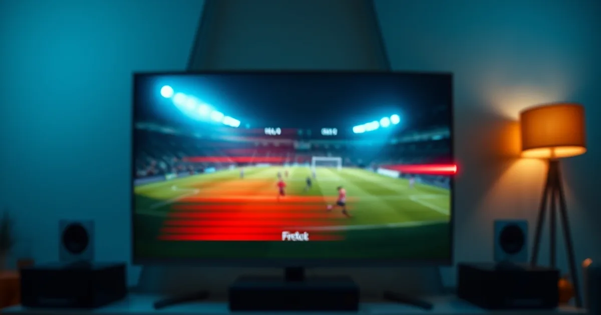 Salon sombre éclairé par un écran de télévision diffusant un match de football, avec une télécommande Firestick et un smartphone posés devant, un léger effet de coupure de signal visible dans un coin de l'écran
