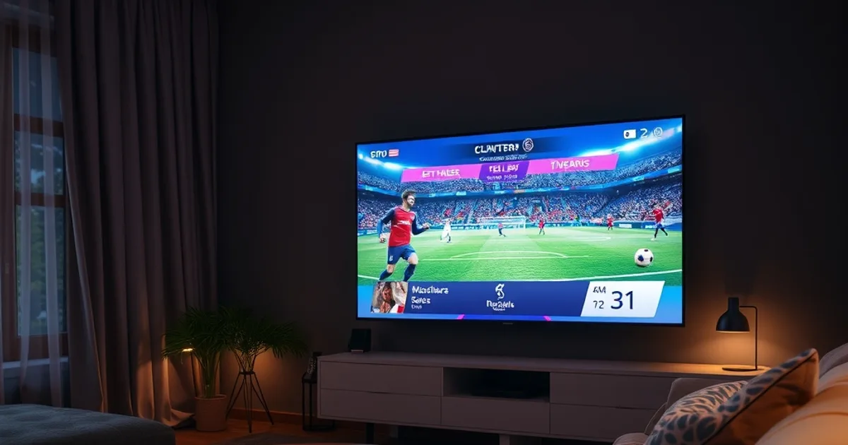 Salon confortable un samedi soir, canapé moelleux et lumière tamisée, grand téléviseur allumé diffusant un match de Premier League en direct avec le score affiché à l’écran, télécommande posée sur l’accoudoir, ambiance chaleureuse propice à un vrai test de stabilité IPTV en heure de pointe.