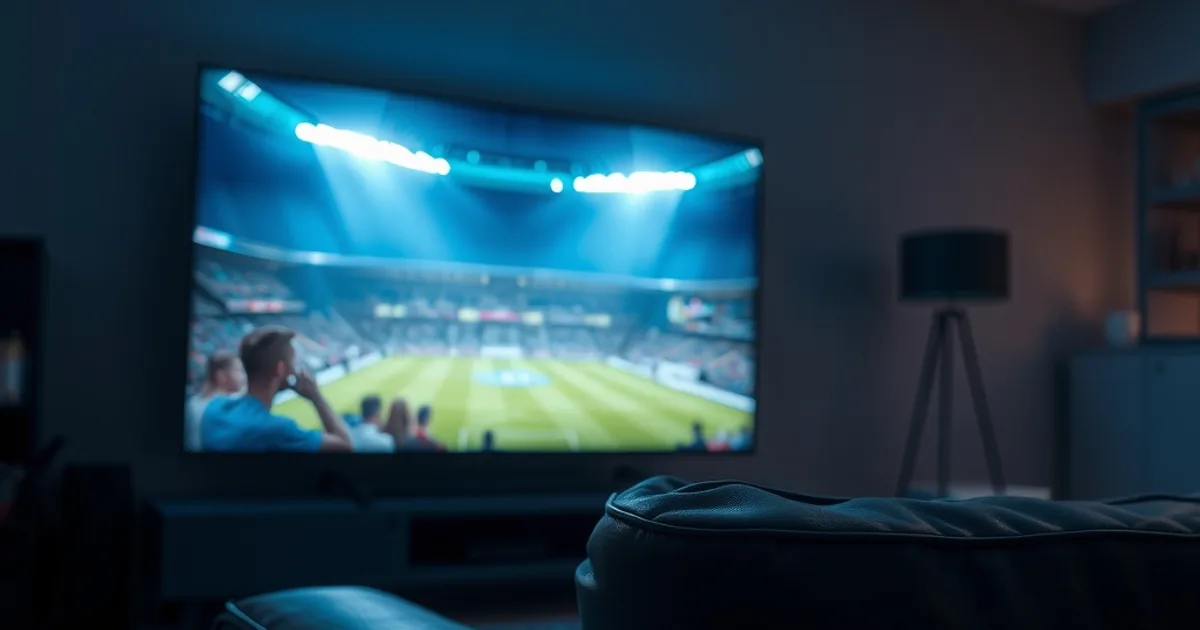 Salon plongé dans la pénombre, éclairé par un match de football en direct diffusé sur grand écran, ambiance premium et feutrée.