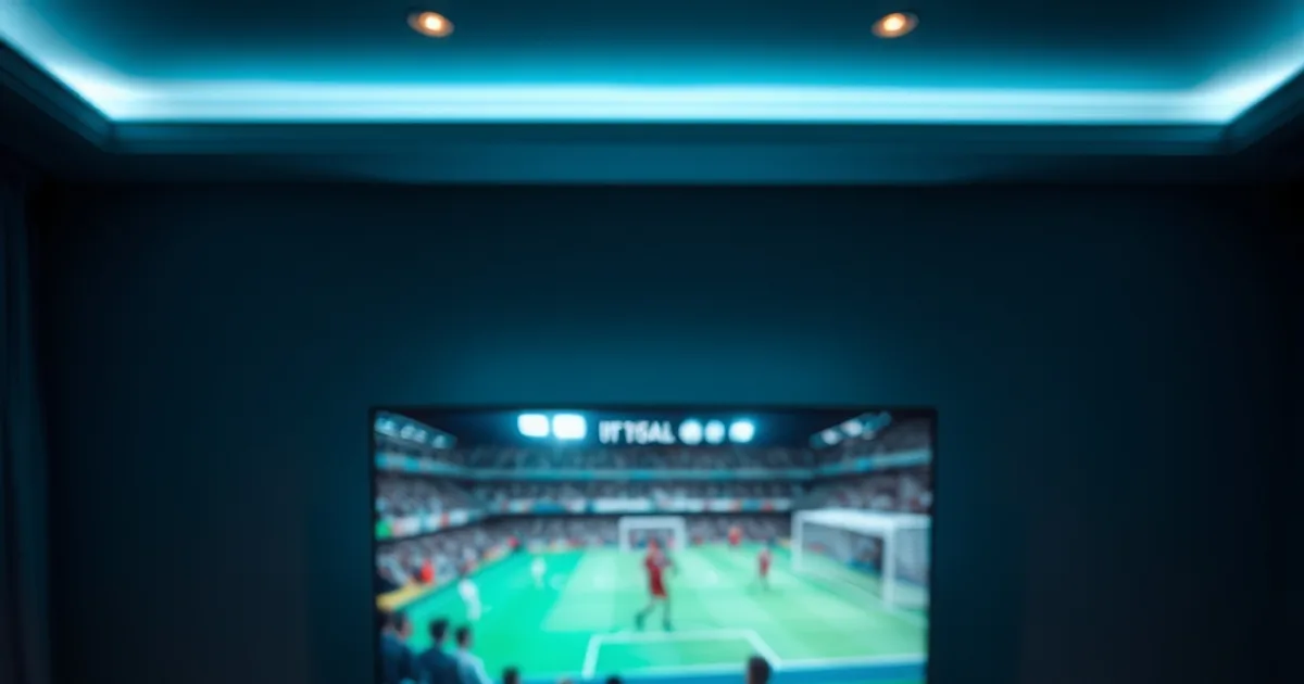 Salon sombre et cinématographique avec une Smart TV allumée diffusant un match de football flouté et une télécommande au premier plan