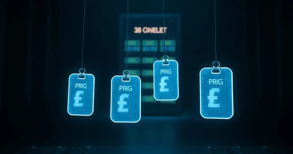 Étiquettes de prix lumineuses de tailles différentes reliées par des circuits à une baie de serveurs, scène sombre et cinématique