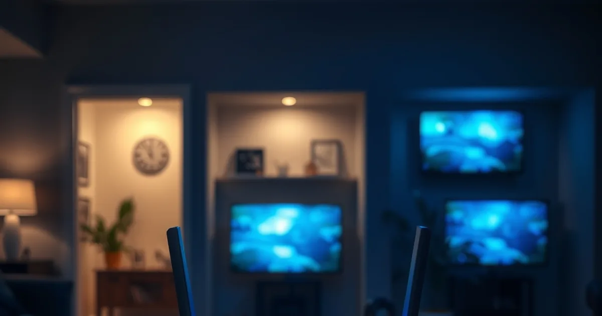 Routeur WiFi 6E aux voyants bleus allumés dans un salon sombre, avec plusieurs écrans de télévision visibles en arrière-plan dans différentes pièces