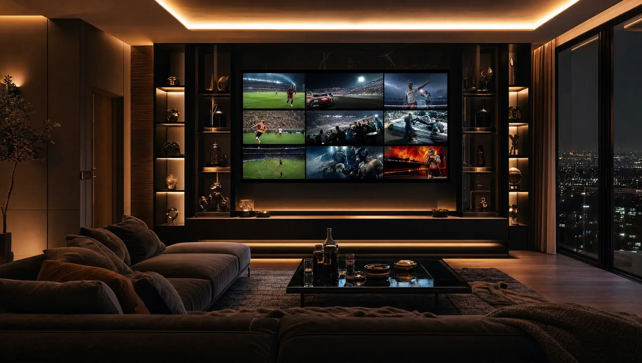 Téléviseur dans un salon montrant chaînes en direct, sport et films réunis via un seul code IPTV