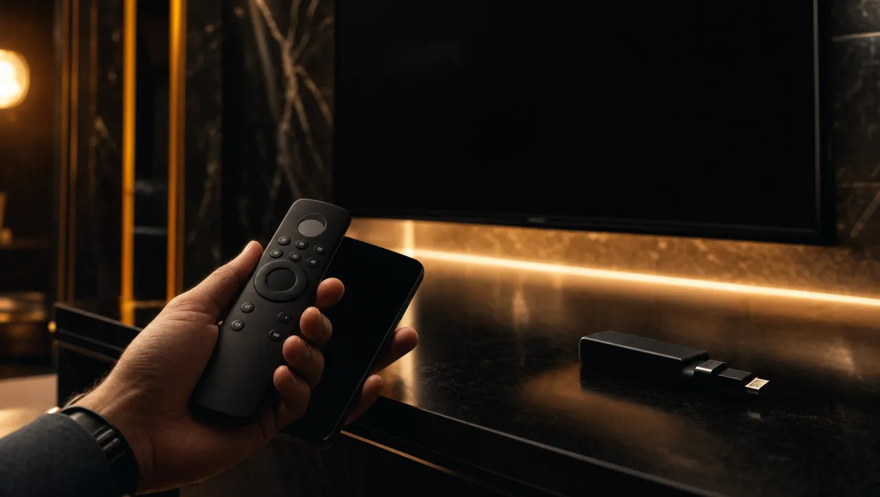 Télécommande devant un téléviseur, illustrant l’installation simple d’un code IPTV sur Smart TV et Firestick