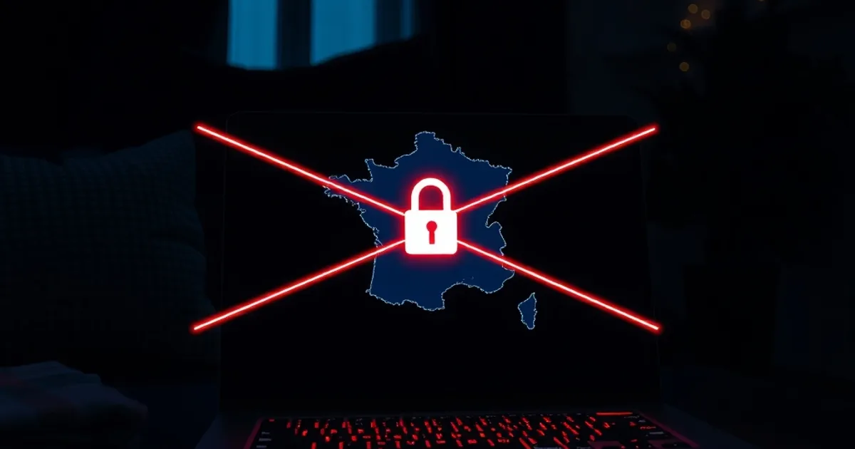 Écran d'ordinateur portable dans une pièce sombre affichant une carte stylisée de la France traversée de lignes rouges symbolisant le blocage des VPN.