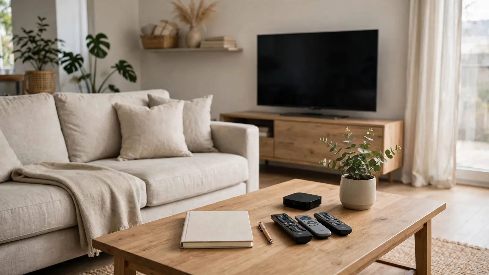 Un téléviseur éteint posé sur un meuble bas en bois dans un salon à côté d'un canapé.